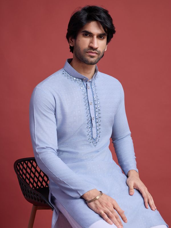 Steel Blue Readymade Kurta Pyjama Set