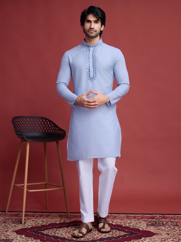 Steel Blue Readymade Kurta Pyjama Set