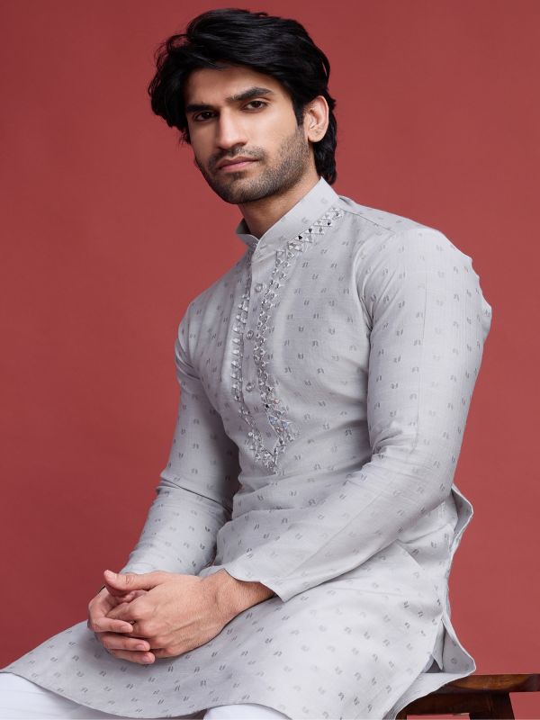 Silver Rayon Kurta Pyjama Set For Men