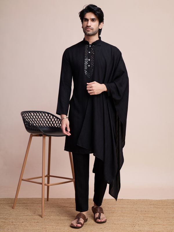 Black Readymade Kurta Set With Stole