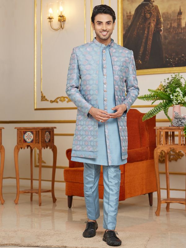 Sky Blue Layered Style Indowestern In Art Silk