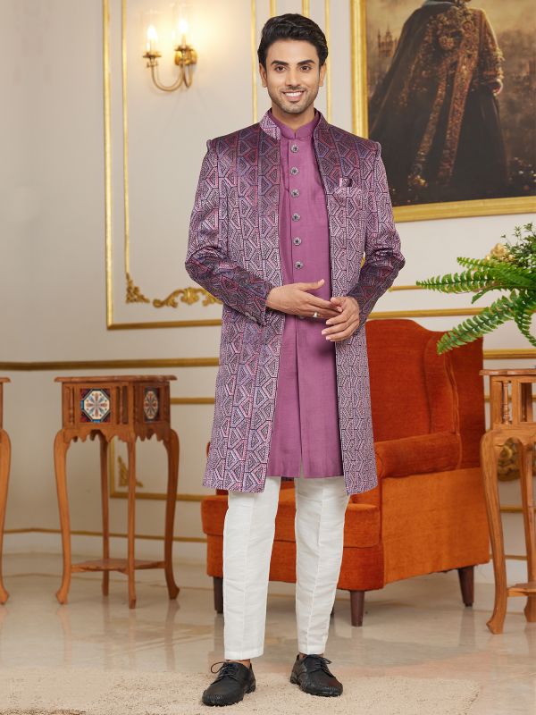 Onion Pink Men's Indowestern With Embroidered Jacket