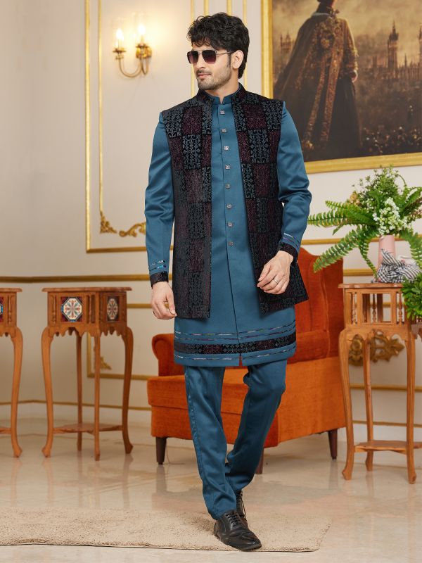 Blue Embroidered Indowestern With Jacket In Silk