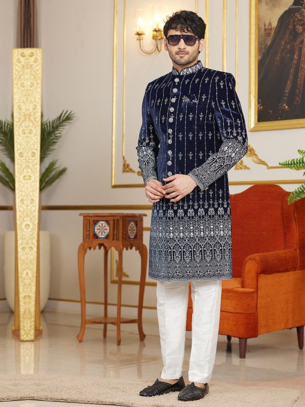 Navy Blue Men's Indowestern Set In Art Silk