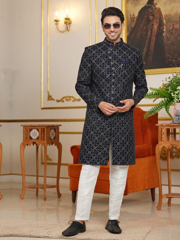 Black Menswear Indowestern Set In Heavy Embroidery