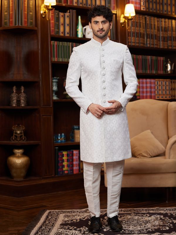 White Menswear Embroideed Sherwani In Silk