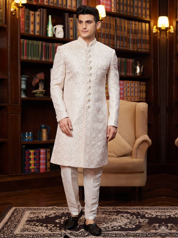 Cream Jacquard Silk Sherwani In Thread Work