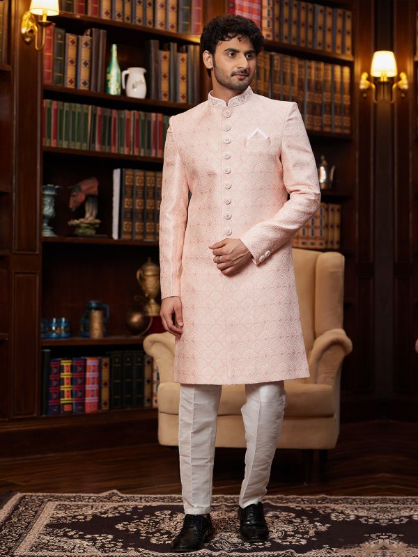 Peach Wedding Sherwani Set In Jacquard Silk