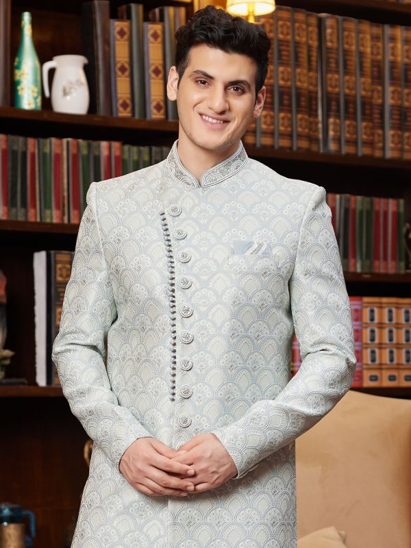 Grey Jacquard Sherwani For Men In Stone Work