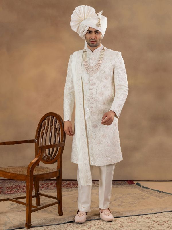 White Floral Thread Embellished Sherwani Set