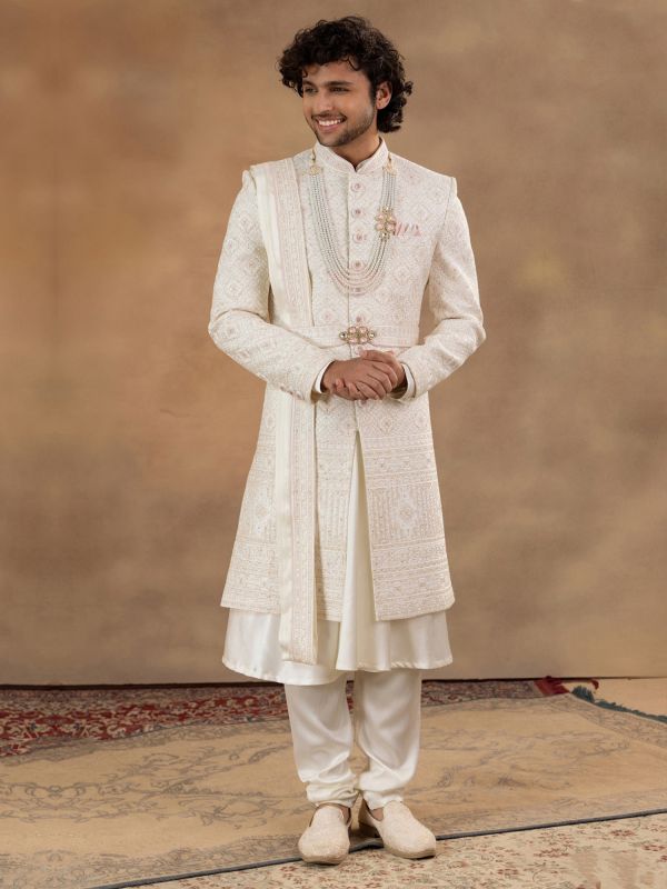 Cream Groom's Sherwani With Anarkali Kurta