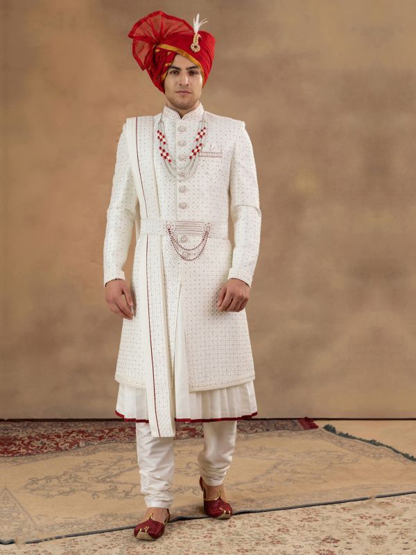 White Stone Embroidered Sherwani In Anarkali Style