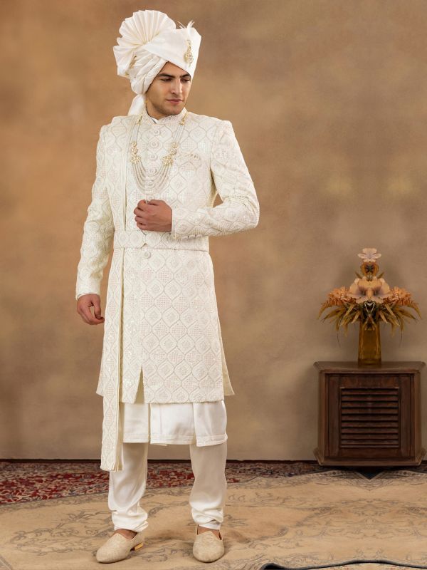 Off White Wedding Groom's Sherwani With Kurta