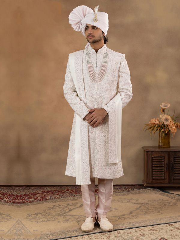 Light Pink Stone Embroidered Sherwani For Men