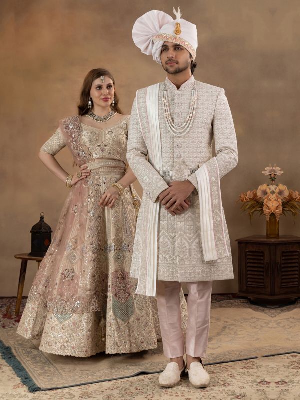 Light Beige Groom's Sherwani In Heavy Embroidery