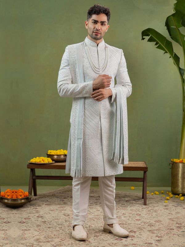 Grey Men's Sherwani Set With Embroidered  Stole