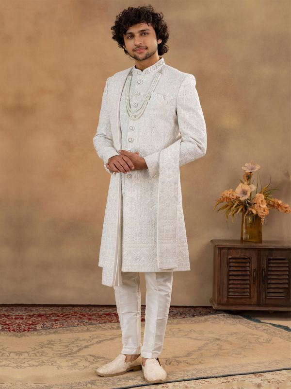 Pearl White Men's Sherwani With Stole In Silk