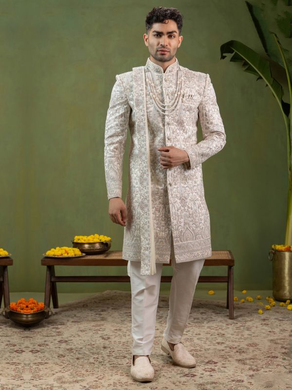 Light Beige Heavy Floral Embellished Men's Sherwani