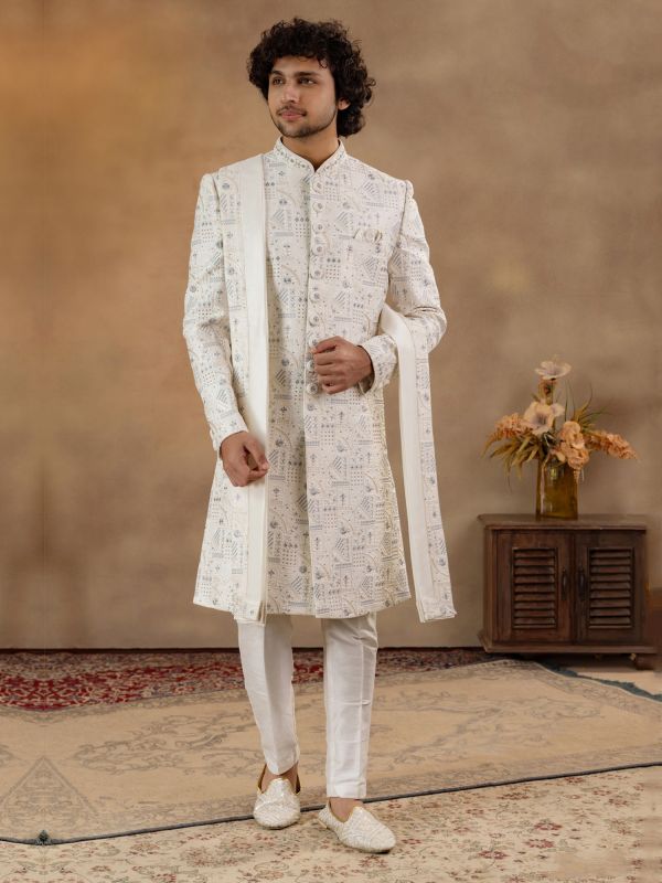 Light Cream Groom's Sherwani In Heavy Embroidery