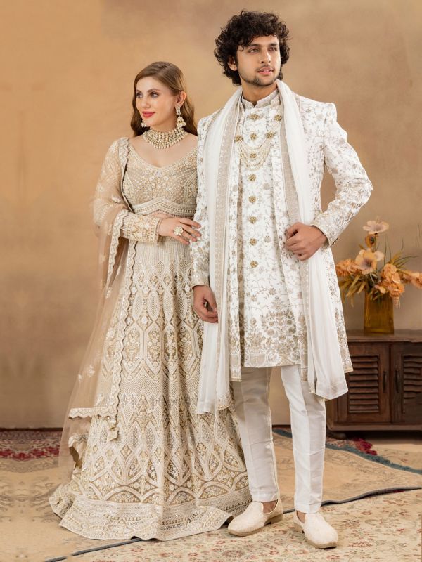 White Silk Sherwani In Zari Embellishment