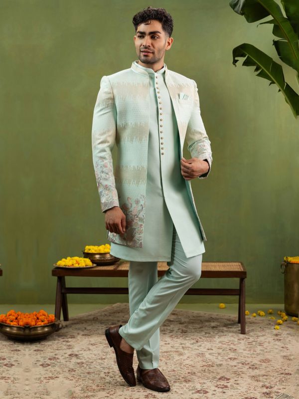 Turquoise Wedding Jakcet Style Indo Western For Men