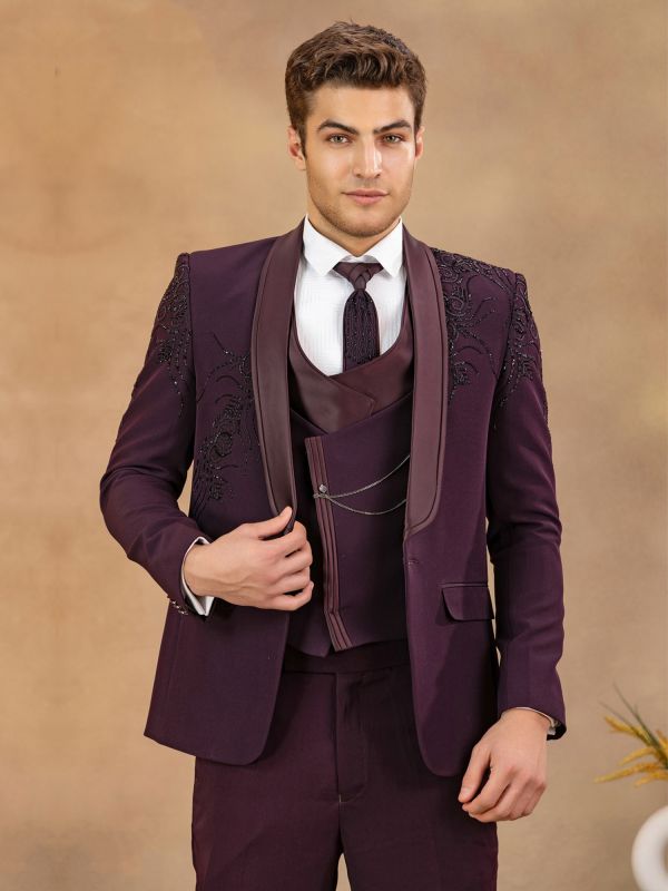 Wine Heavy Embroidered Designer Tuxedo Set