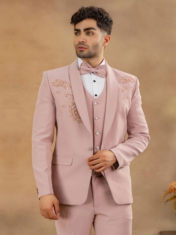 Dusty Pink Sequins Embellished Tuxedo For Men