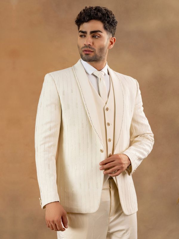 Cream Men's Three Piece Suit In Thread Work