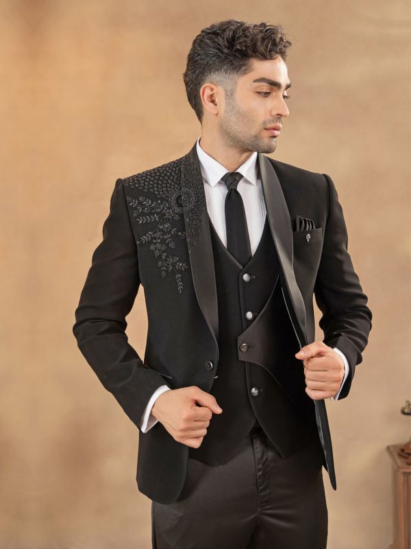 Black Cocktail Wear Tuxedo In Stone Embellishments