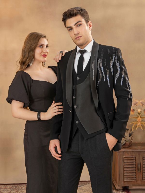 Black Three Piece Tuxedo In Italian For Men