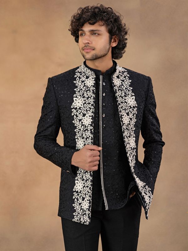 Black Floral Thread Embellished Mandarin Suit