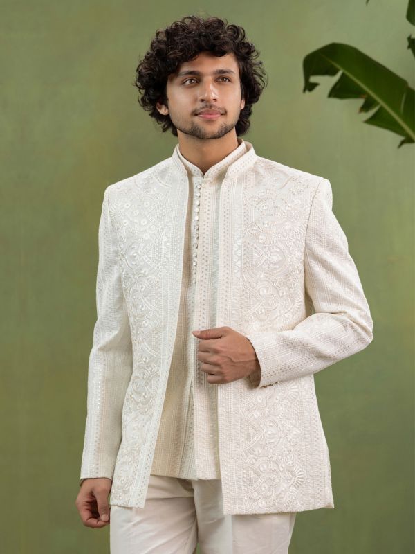 White Men's Bandgala Suit In Thread Embellishment