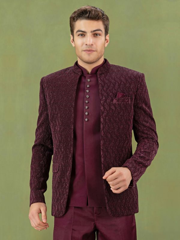 Maroon Thread Embroidered Wedding Bandgala Set