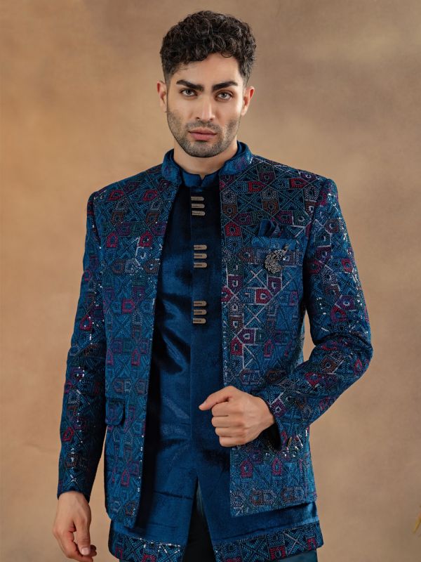 Blue Velvet Jodhpuri Suit Set In Thread Work