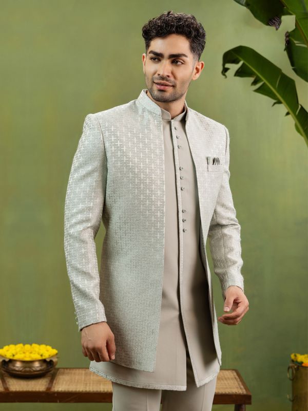 Grey Embroidered Men's Mandarin Suit Set