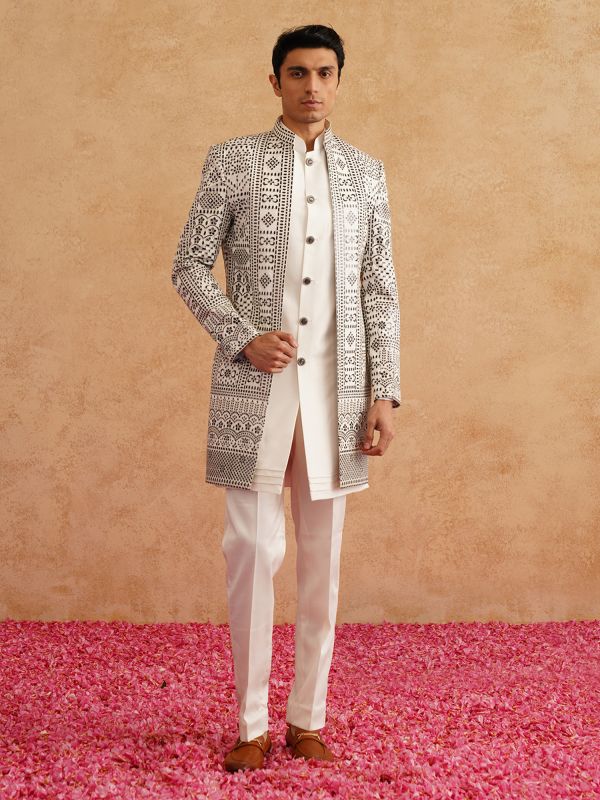 White Thread Embroidered Jacket Style Indo Western Set