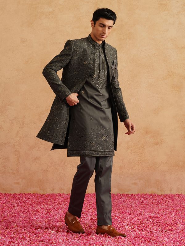 Charcoal Grey Floral Thread Work Indowestern In Silk