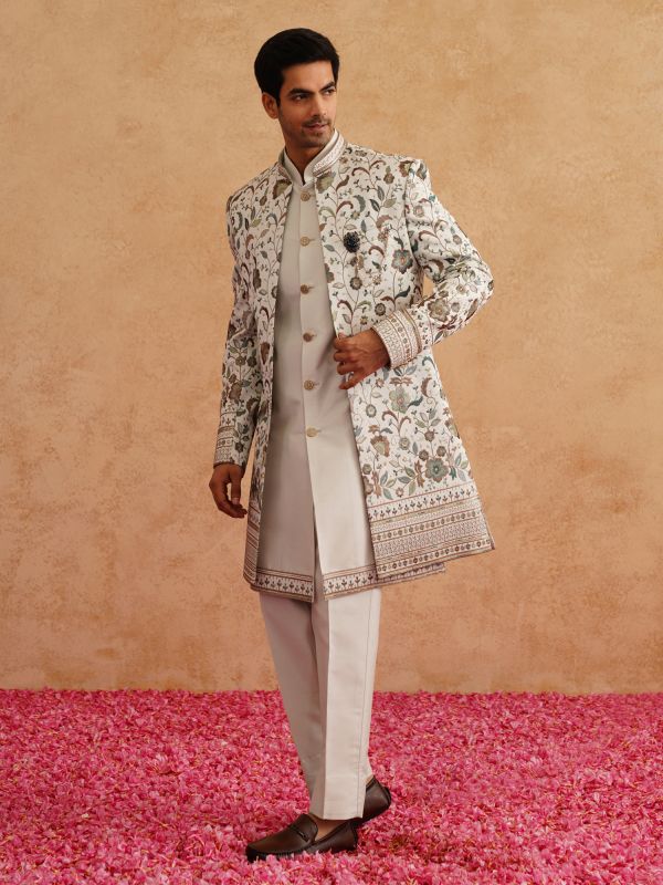 Pearl White Silk Indowestern With Embroidered Jakcet