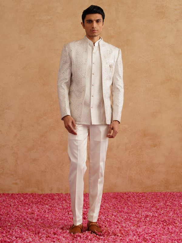 White Men's Thread Work Bandhgala Set