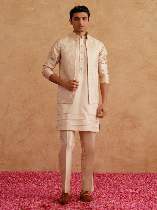 Cream Men's Kurta Pyjama With Embroidered Jacket