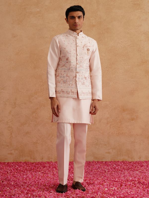 Pink Kurta Pyjama With Nehru Jacket In Silk