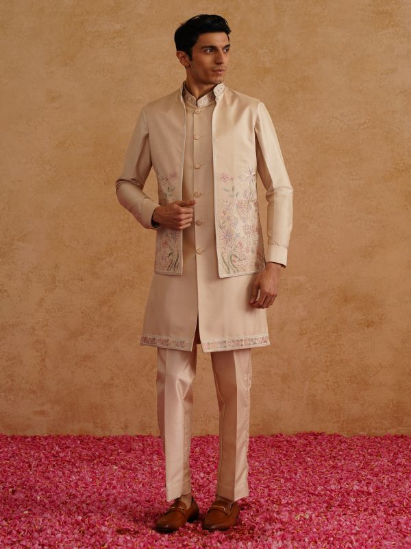 Brown Kurta Set In Silk With Front Open Jacket