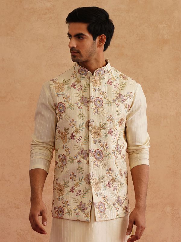 Yellow Floral Embroidered Kurta Pyjama For Mens