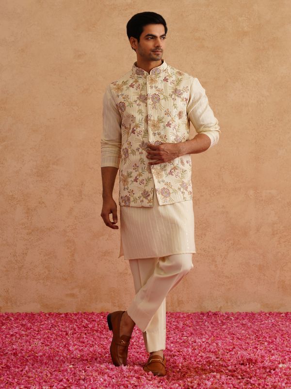 Yellow Floral Embroidered Kurta Pyjama For Mens