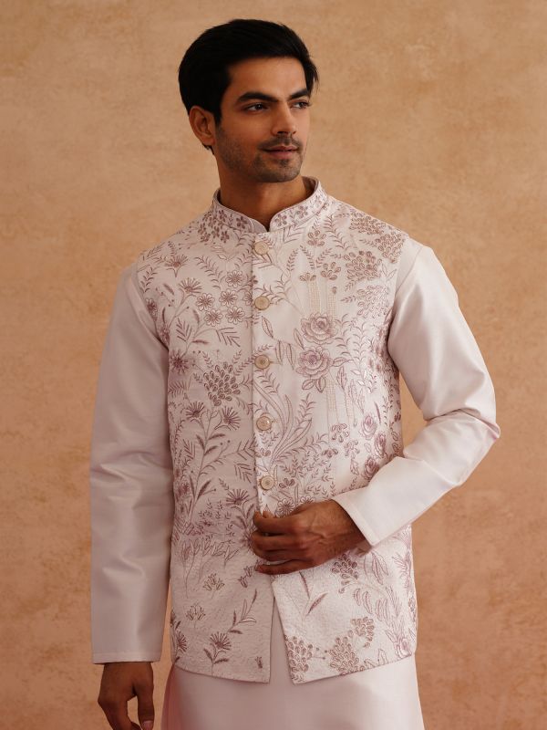 Pink Silk Kurta Set With Floral Embroidered Jacket