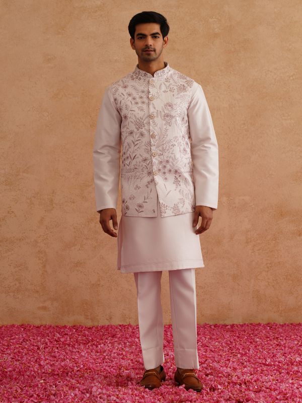 Pink Silk Kurta Set With Floral Embroidered Jacket