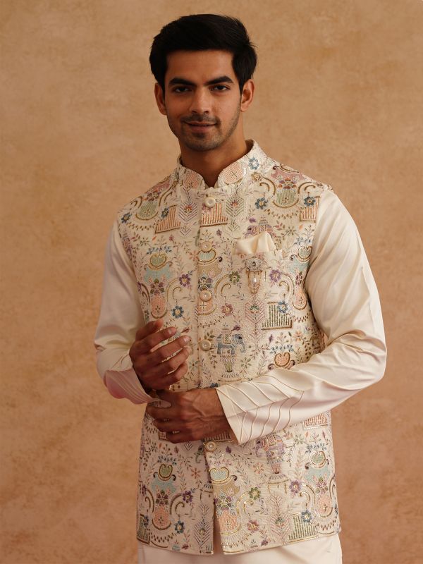 Cream Embroidered Kurta Pyjama Set In Silk