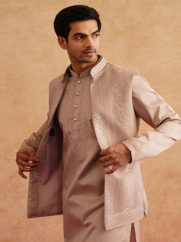 Rosegold Beige Kurta Set With Front Open Jacket