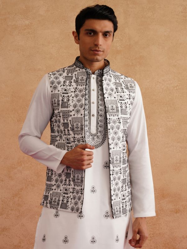 White Men's Kurta Set In Silk In Thread Work