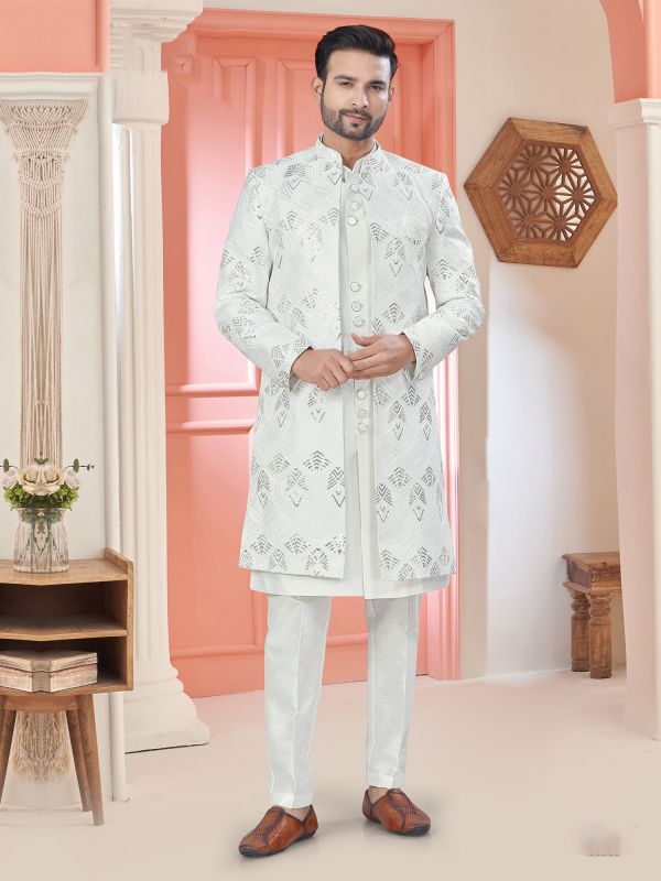 White Wedding Wear Indo Western For Men